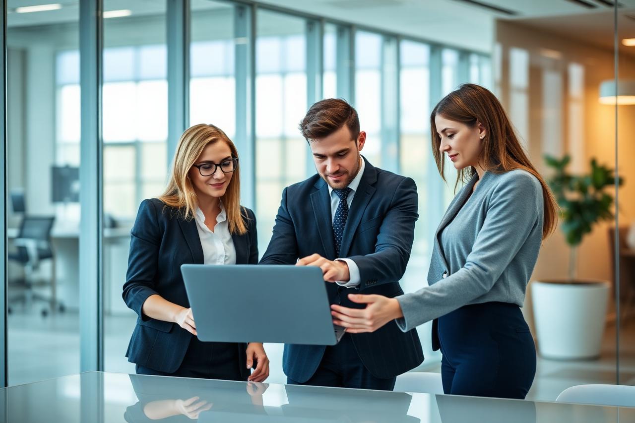 Echipă de vânzări analizând împreună datele din CRMconnect pe laptop