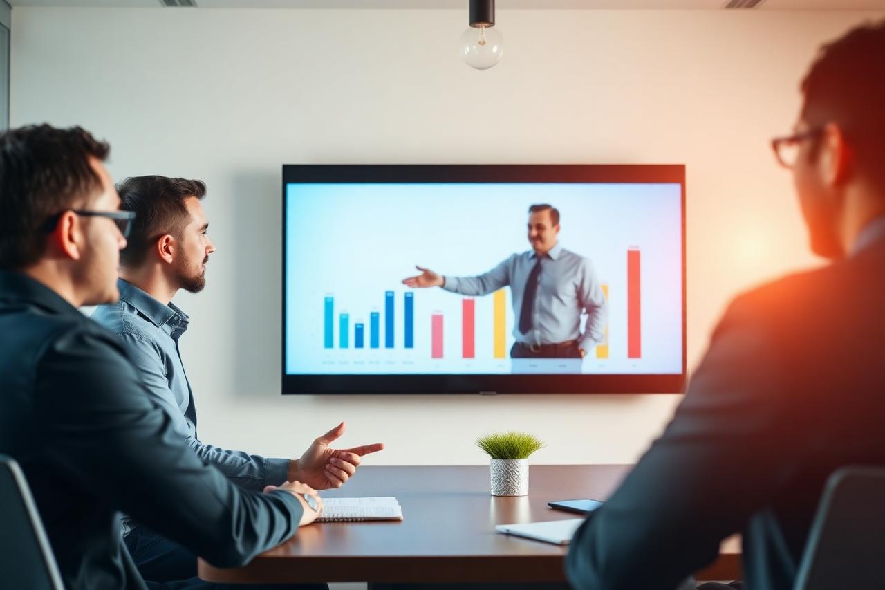 Manager prezentând rapoartele CRMconnect echipei într-o ședință